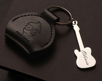 Personalised Pick Geek Black Leather Pick Holder with Miniature Telecaster Keyring | 100% Handmade Real Leather | Includes 3 Pick Geek picks