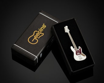 Jazz Bass Pin Badge by Geepins | Stunning Miniature Jazz Brooch | 54 mm Length | Presented in Beautiful Guitar Case Box | A Perfect Gift