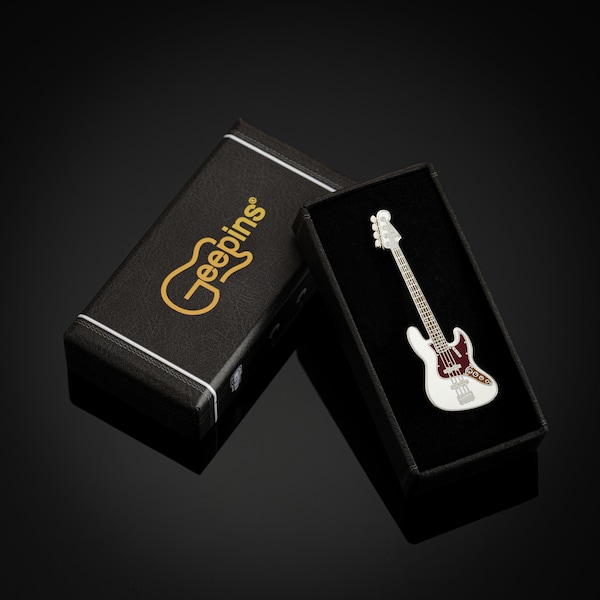 Jazz Bass Pin Badge by Geepins | Stunning Miniature Jazz Brooch | 54 mm Length | Presented in Beautiful Guitar Case Box | A Perfect Gift