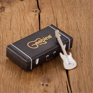 Strat Guitar Pin Badge by Geepins Stunning Miniature Strat Brooch 52 mm Length Presented in Beautiful Guitar Case Box Perfect Gift image 4