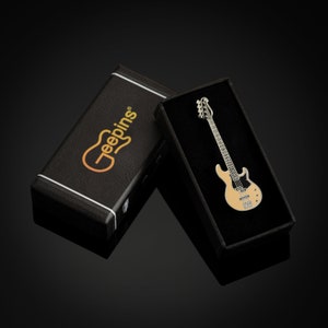 Yamaha Bass Pin Badge by Geepins | Stunning Miniature Yamaha Brooch | 54 mm Length | Presented in Beautiful Guitar Case Box | Perfect Gift