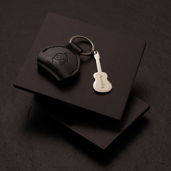 Pick Geek Personalised Black Leather Pick Holder with Miniature Martin Keyring | 100% Handmade Leather | Includes 3 FREE Pick Geek picks