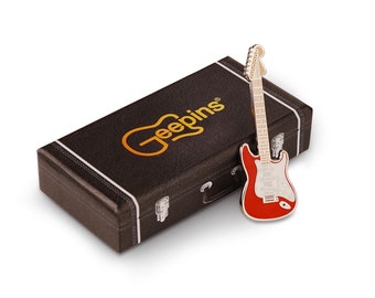 Strat Guitar Pin Badge by Geepins | Stunning Miniature Strat Brooch | 52 mm Length | Presented in Beautiful Guitar Case Box | Perfect Gift