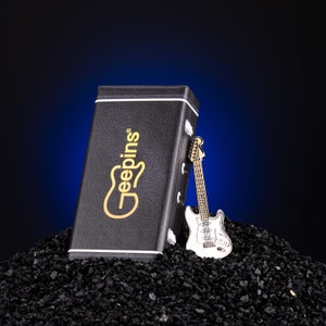 Strat Guitar Pin Badge by Geepins Stunning Miniature Strat Brooch 52 mm Length Presented in Beautiful Guitar Case Box Perfect Gift image 6