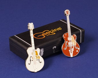 Semi-Acoustic Guitar Pin Badge Set by Geepins | Two x Stunning Miniature Guitar Pin Brooches with Guitar Case Boxes | 52 mm | A Perfect Gift