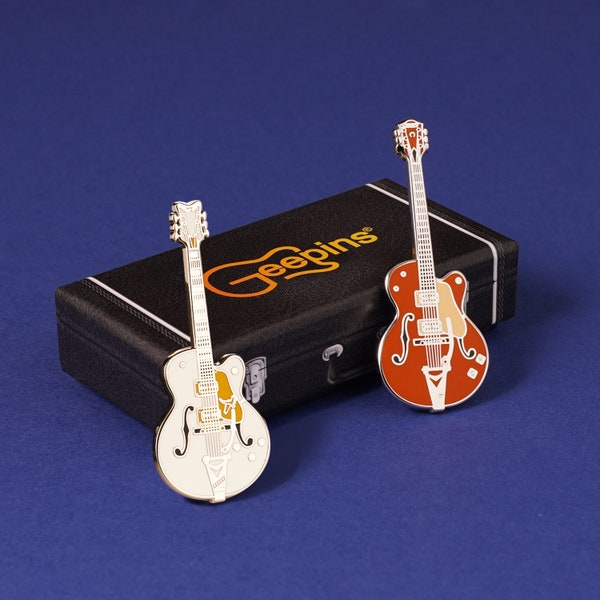 Set di spille per chitarra semi-acustica di Geepins / Due splendide spille per chitarra in miniatura con scatole per custodie per chitarra / 52 mm / Un regalo perfetto