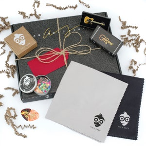 Guitar Gift Box Set Includes 1 x Pick Geek Pick Set 1 x Geepin Guitar Pin Broach with Gift Box 2-Pack Micro-fibre Polish Cloth Set image 3