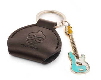 Personalised Pick Geek Black Leather Pick Holder with Mini Precision Bass Keyring | Includes 3 FREE Pick Geek Guitar picks | A Perfect Gift