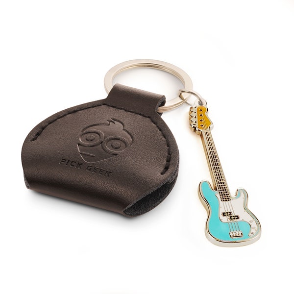 Personalised Pick Geek Black Leather Pick Holder with Mini Precision Bass Keyring | Includes 3 FREE Pick Geek Guitar picks | A Perfect Gift