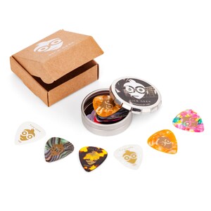 Guitar Gift Box Set Includes 1 x Pick Geek Pick Set 1 x Geepin Guitar Pin Broach with Gift Box 2-Pack Micro-fibre Polish Cloth Set image 2