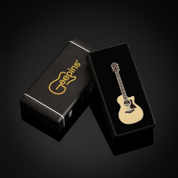 Taylor Guitar Pin Badge by Geepins | Stunning Miniature Brooch | 52 mm Length | Presented in Guitar Case Box | Perfect Gift