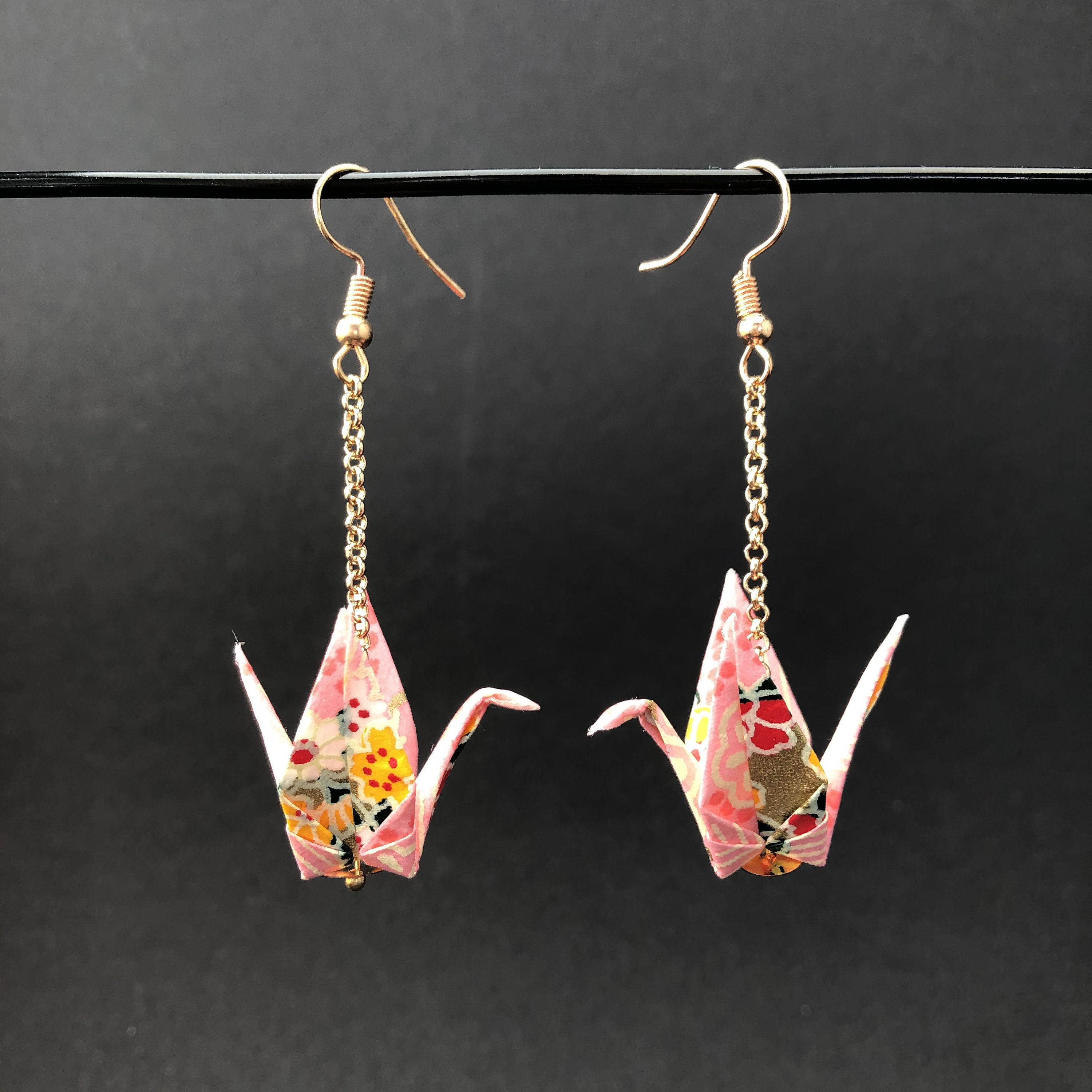 Origami Crane Earrings Pink With Colourful Flower Print Etsy UK