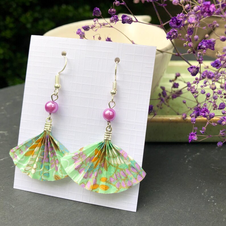 Origami Fan Earrings Pastel Wisteria Print Etsy