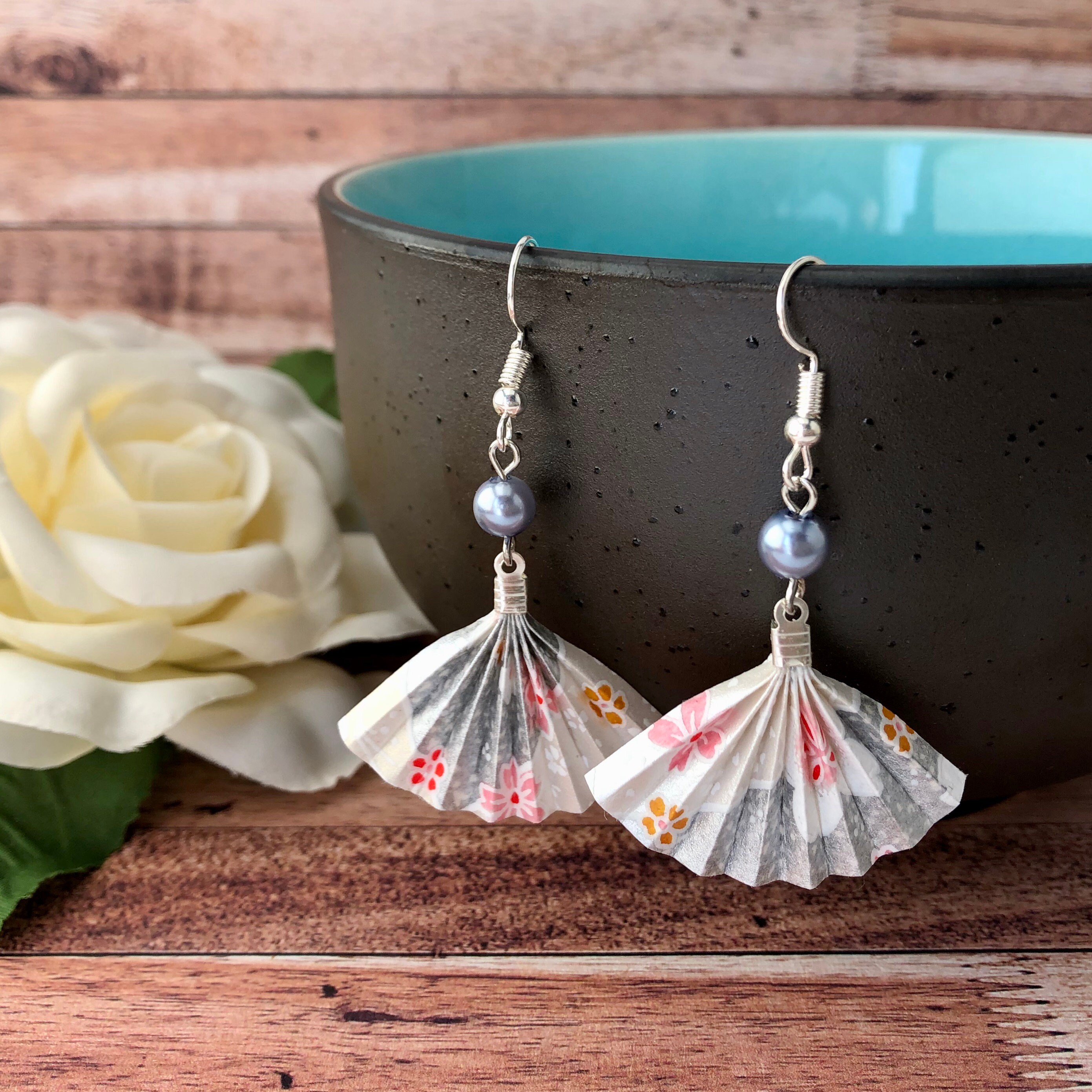 Origami Fan Earrings Silver With Pink/white Sakura & Wave Print Etsy
