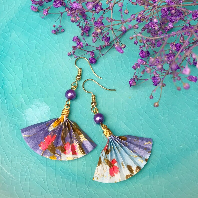 Origami fan earrings Purple pastel flower print Etsy