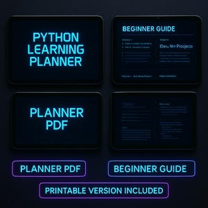 Op de afbeelding: Een digitale Python leerplanner weergegeven op tablets. De afbeelding bevat de tekst "Python Learning Planner", "Planner PDF" en "Beginner Guide". De zin "Printable Version Included" is ook zichtbaar. Het kleurenschema is donker met neonblauwe en paarse accenten.