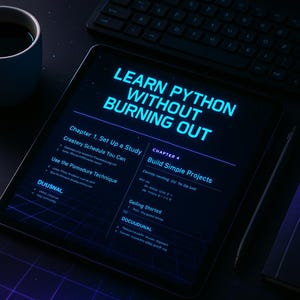 Op de afbeelding: Een digitale tablet toont de tekst "LEARN PYTHON WITHOUT BURNING OUT" in helderblauw. Het scherm toont hoofdstuktitels en opsommingstekens, met een toetsenbord en een kopje koffie op de achtergrond. Een stylus en een notitieboek zijn ook zichtbaar.