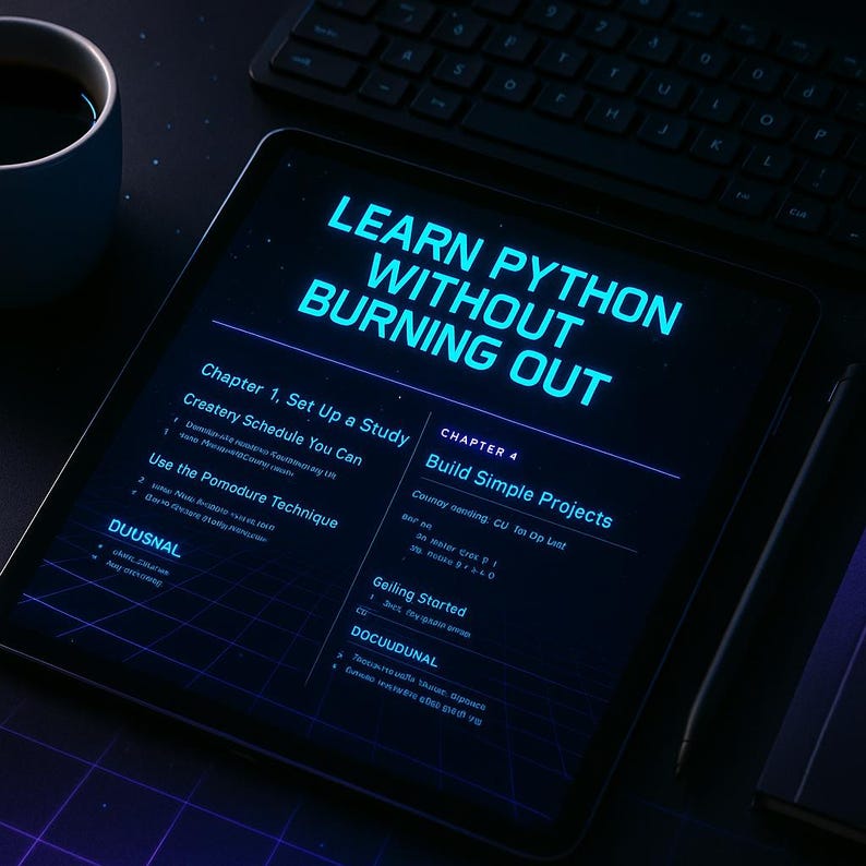 Op de afbeelding: Een digitale tablet toont de tekst "LEARN PYTHON WITHOUT BURNING OUT" in helderblauw. Het scherm toont hoofdstuktitels en opsommingstekens, met een toetsenbord en een kopje koffie op de achtergrond. Een stylus en een notitieboek zijn ook zichtbaar.