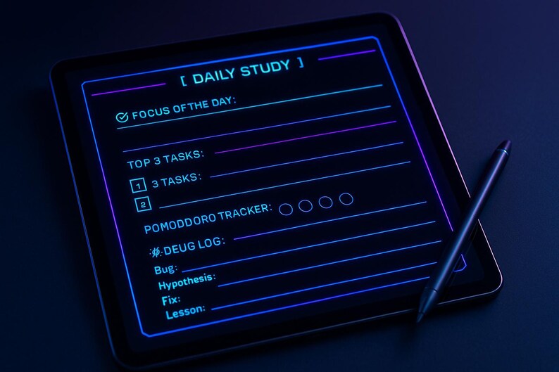 Op de afbeelding: Een digitale tablet met een "DAILY STUDY" interface met een checklist, inclusief "FOCUS OF THE DAY" en "TOP 3 TASKS". Een stylus ligt ernaast. Het scherm en de stylus hebben een neonblauwe en paarse gloed.
