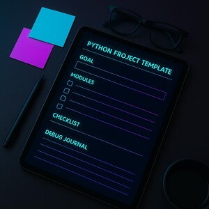 Op de afbeelding: Een digitale tablet met een "PYTHON PROJECT TEMPLATE" met secties voor Doel, Modules, Checklist en Debug Journal. De afbeelding bevat een pen, bril en plaknotities in blauw en paars.