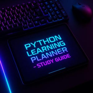 Può includere: Un tablet digitale mostra "PYTHON LEARNING PLANNER - STUDY GUIDE" in blu e rosa neon. Una tastiera e un mouse sono sullo sfondo, suggerendo un tema tecnologico o educativo. L'estetica generale è scura con accenti al neon.