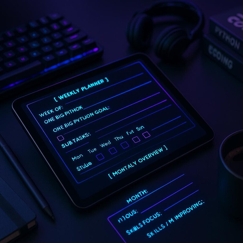 Op de afbeelding: Een digitale tablet met een weekplanner en maandelijks overzicht, met neonblauwe en paarse tekst. Een toetsenbord, koptelefoon en boeken met de tekst "PYTHON" en "ECOING" zijn ook zichtbaar. De sc&egrave;ne speelt zich af op een donkere ondergrond.