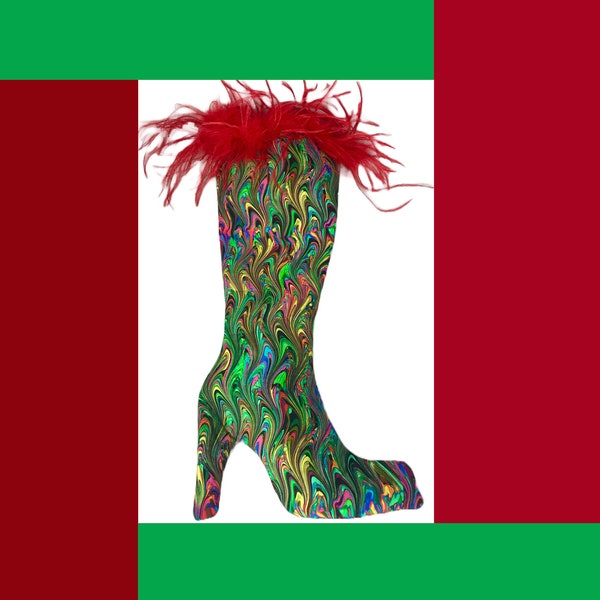 High Heel Christmas Stocking with Feather Boa, GoGo Boot Stiletto, Retro, Rainbow, Whimsical, Y2k, Maximalism 1990, Cowboy