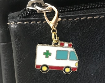 Ambulance Paramedic Thank you Gift, Zipper Pull, First Responder Keychain Charm, Purse Hook, Clip on Clasp, Keyring Hook Emergency vehicle