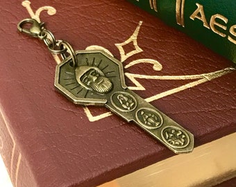 Catholic Saint KeyChain Charm Jesus Skeleton Key Religious Antique Brass, Purse Charm Victorian Zipper Pull, Vintage Keyring Gift Clip Clasp