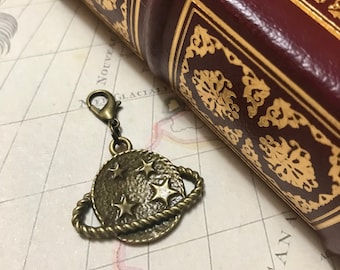 Saturn Keychain Charm, Antique Brass Clip on Clasp, Purse Zipper Pull, Capricorn Celestial Gift