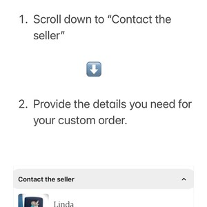 Puede incluir: Instrucciones sobre c&oacute;mo solicitar un pedido personalizado. El texto dice: "Para consultar sobre un pedido personalizado: 1. Despl&aacute;cese hacia abajo hasta 'Contactar con el vendedor' 2. Proporcione los detalles que necesita para su pedido personalizado."