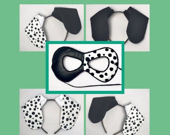 Dalmatian Patch Eye Mask and or Ears Headband Masquerade Kids, Adults, Costume, Dog Halloween, Days of School dalmation, Party Hats