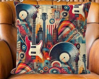 Retro Music City Throw Pillow - Colorful Guitar & Vinyl Record Design Rock Band Vintage Acoustic, Electric 1990 1980 Collector