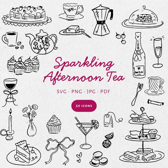 Hand Drawn Sparkling Afternoon Tea Illustration Set, SVG PNG