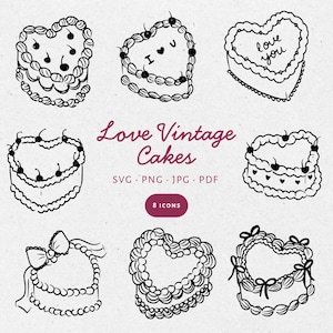 Hand Drawn Love Vintage Cakes Illustration Bundle Set, SVG PNG JPG, Clipart, scribble. Heart shape, whimsical, coquette. Invitations - CA001
