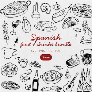 Hand Drawn Spanish food & more Illustration Bundle Set, SVG PNG JPG, Clipart, scribble, Wedding, bachelorette, birthdays, parties - CA001