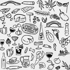 Handgetekende Italiaans eten, drinken en elementen illustratiebundelset, SVG PNG JPG, Clipart, Krabbel. Bruiloften, uitnodigingen, feesten - CA001 afbeelding 3