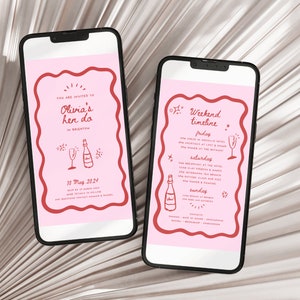 Sjabloon uitnodiging mobiele telefoon vrijgezellenfeest | Hen do invite + route, handgeschreven, handgetekende stijl | Felroze - WD008