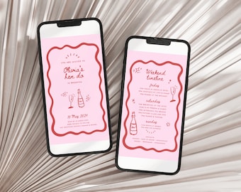 Bachelorette Party Invitation Mobile Phone Template | Hen do invite + itinerary, Hand written, Hand drawn style | Hot Pink - WD008