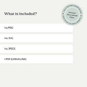 Op de afbeelding: Een lijst met digitale bestanden die zijn inbegrepen in een download: 114 PNG-afbeeldingen, 114 SVG-afbeeldingen, 114 JPEG-afbeeldingen en 1 PDF-bestand met een Canva-link. De tekst "FULLY EDITABLE COLORS & SIZE" en "Instant Download Files" staat in een cirkel met een groene achtergrond.