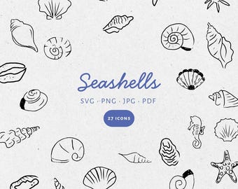 Hand Drawn Sea Shells Illustration Bundle Set, SVG PNG JPG, Icon Black & White, Clipart, scribble, Transparent. Weddings, invites - CA001