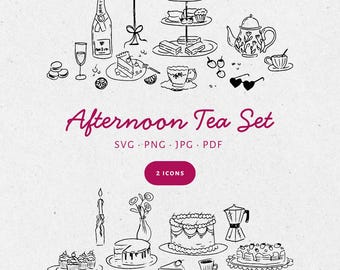 Hand Drawn Sparkling Afternoon Tea Illustration Set, SVG PNG JPG, Icon Black & White, Clipart, scribble. Weddings, Bachelorette - CA001