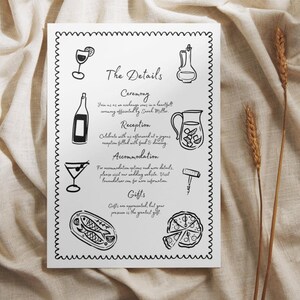 Op de afbeelding: Zwart-witte kaart met details over de bruiloft met illustraties van drankjes, eten en een kurkentrekker. De tekst luidt "The Details", "Ceremony", "Reception", "Accommodation" en "Gifts".