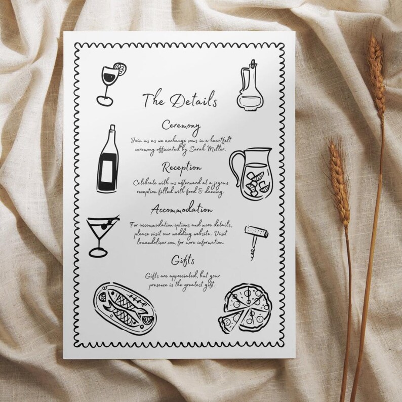 Op de afbeelding: Zwart-witte kaart met details over de bruiloft met illustraties van drankjes, eten en een kurkentrekker. De tekst luidt "The Details", "Ceremony", "Reception", "Accommodation" en "Gifts".