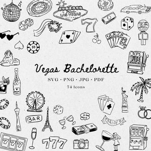 Conjunto de ilustraciones de despedida de soltera de Las Vegas dibujadas a mano (SVG, PNG, JPG, blanco y negro, clipart, garabatos, transparente). Bodas, invitaciones - CA001