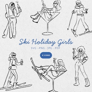 Handgezeichnetes Ski Urlaub Mädchen Illustration Bundle-Set, SVG PNG JPG, Symbol, Clipart, Gekritzel Apres Ski, Bachelorette, Winter lädt ein - CA001