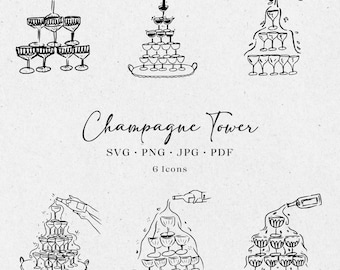 Handgezeichnete Champagner-Turm-Illustrations-Bundle-Set, SVG PNG JPG, Symbol Schwarzweiß, Clipart, Gekritzel, Transparente Hochzeiten lädt ein - CA001