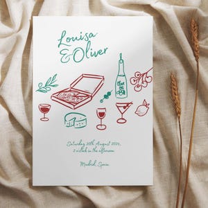 Op de afbeelding: Een huwelijksuitnodiging met een handgetekend ontwerp van een pizza, een fles wijn, kaas en olijven. De tekst luidt "Louisa & Oliver" en "Zaterdag 20 augustus 2024, 14:00 uur, Madrid, Spanje."