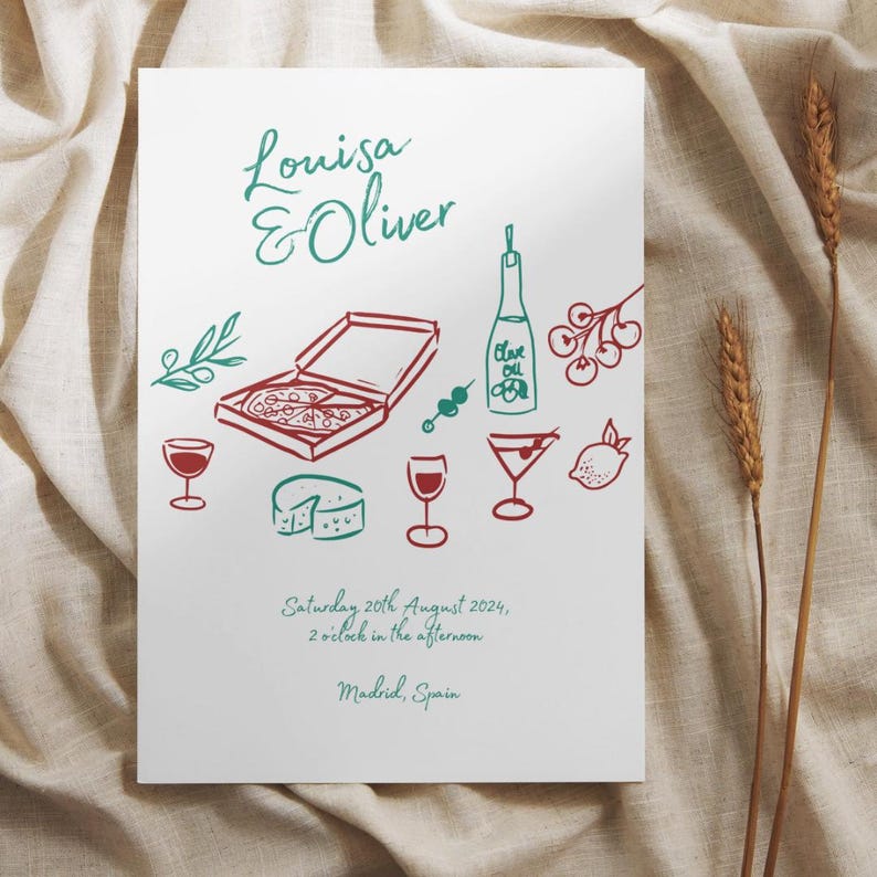 Op de afbeelding: Een huwelijksuitnodiging met een handgetekend ontwerp van een pizza, een fles wijn, kaas en olijven. De tekst luidt "Louisa & Oliver" en "Zaterdag 20 augustus 2024, 14:00 uur, Madrid, Spanje."