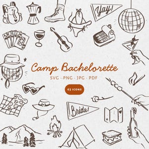 May include: A set of 63 hand-drawn camping and bachelorette party icons in a rustic style. Includes a tent, guitar, martini glass, s'mores, and a banner that says "Bride!" The text "Camp Bachelorette" is also present.